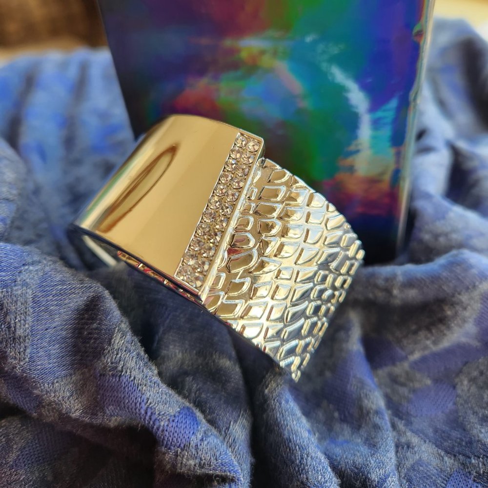 INC Silver Tone & Rhinestone Hinged Cuff Bracelet